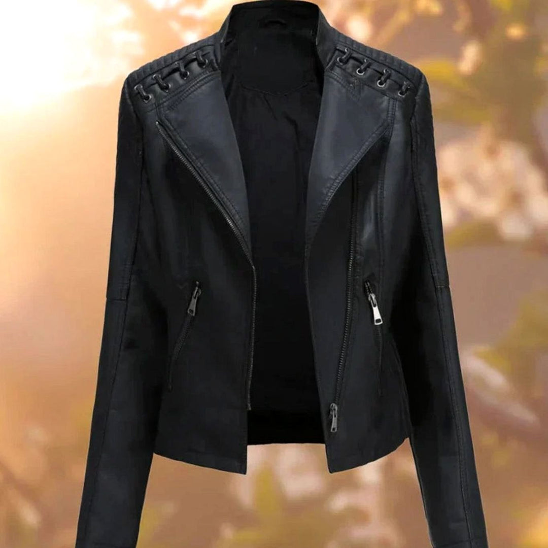 Women's Faux Leather Lace-Up Shoulder Biker Jacket - Black