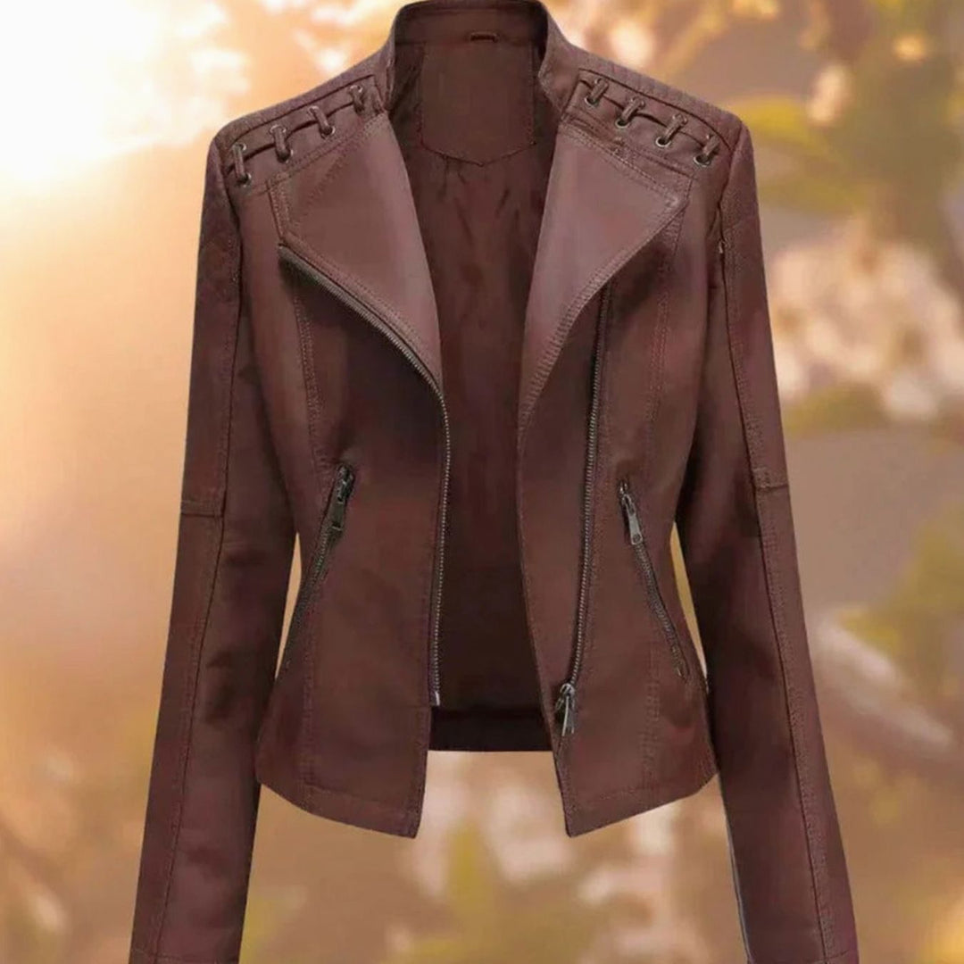 Women's Faux Leather Lace-Up Shoulder Biker Jacket - Brown