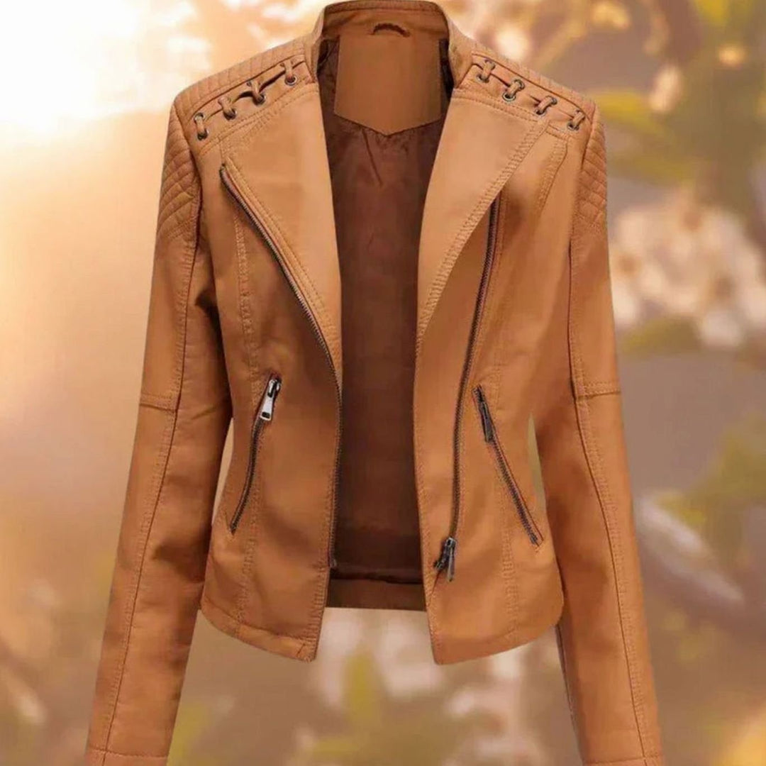 Women's Faux Leather Lace-Up Shoulder Biker Jacket - Orange
