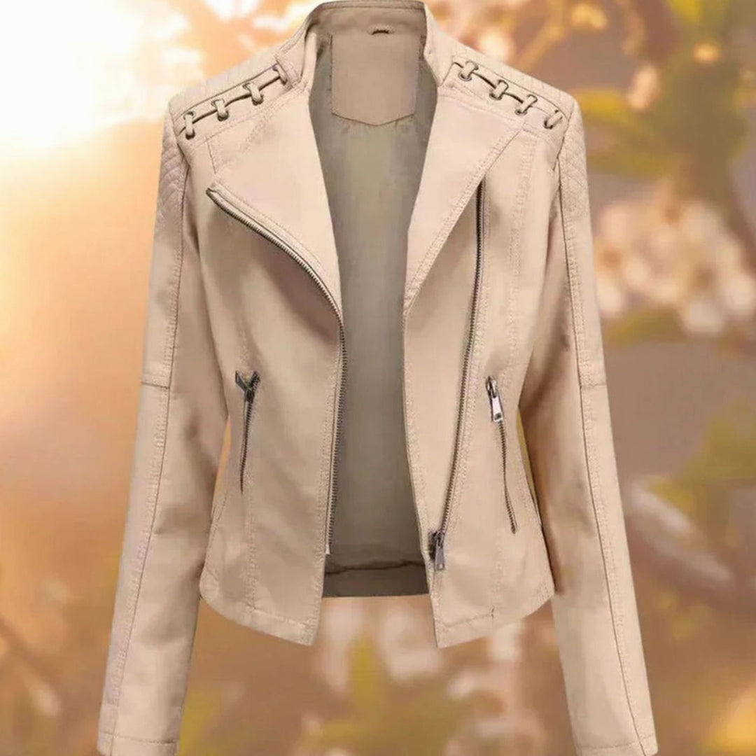 Women's Faux Leather Lace-Up Shoulder Biker Jacket - Beige