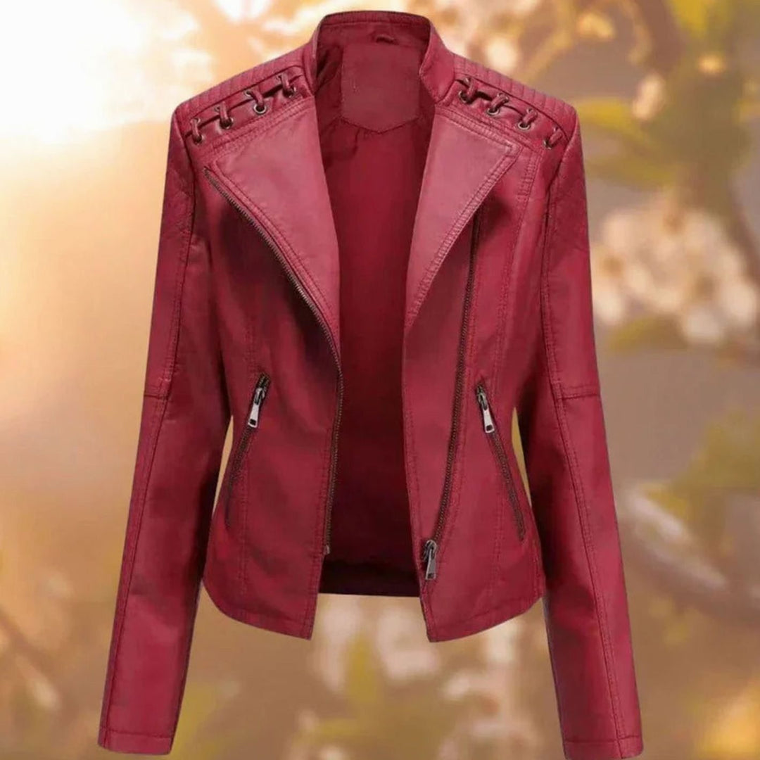 Women's Faux Leather Lace-Up Shoulder Biker Jacket - Red