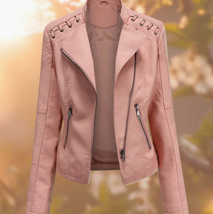 Women's Faux Leather Lace-Up Shoulder Biker Jacket - Pink