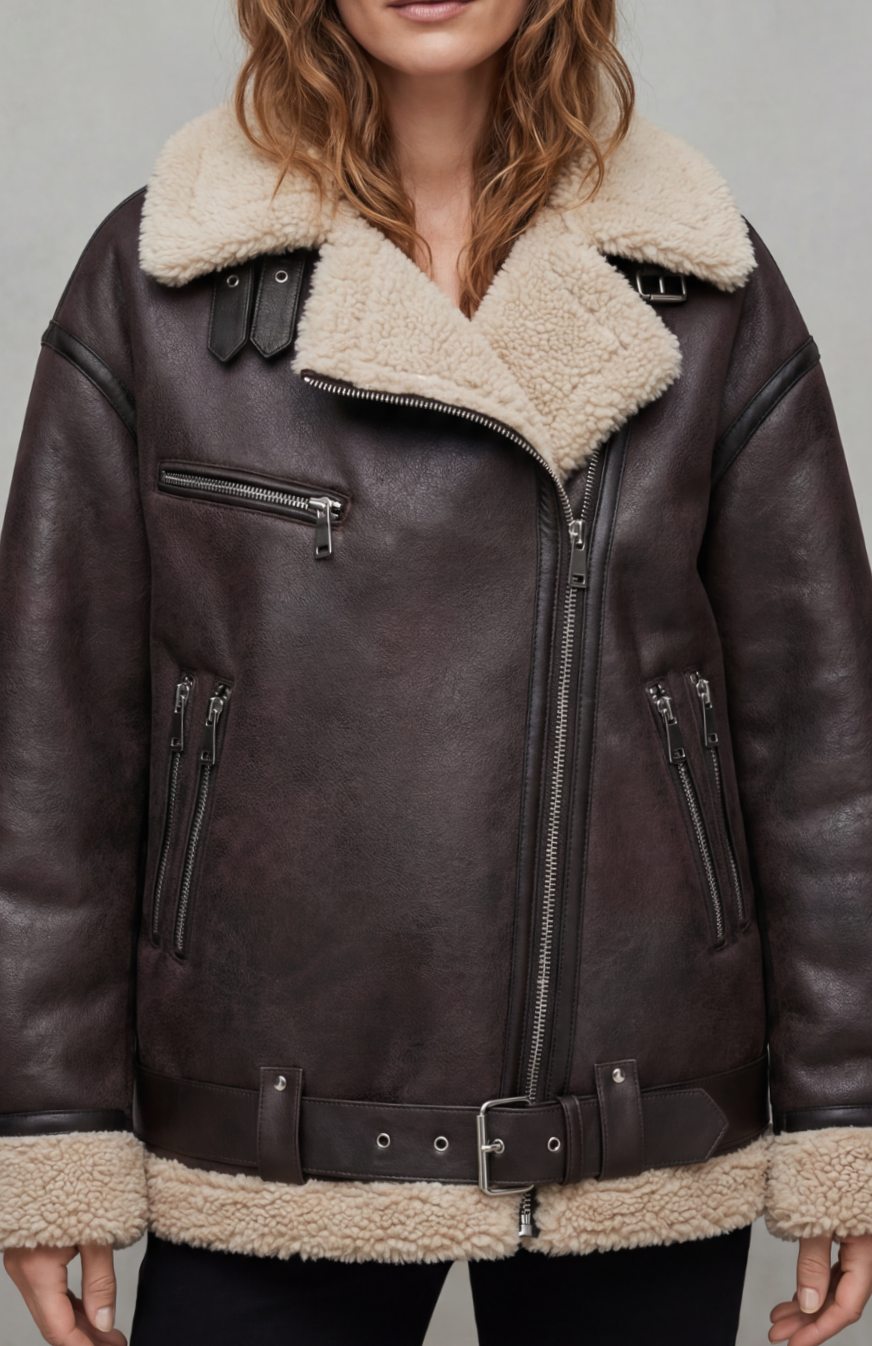 Women's Faux Leather Shearling Aviator Jacket Belted Coat - Brown