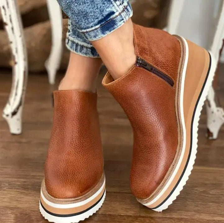 Women's Faux Leather Side-Zip Chunky Platform Ankle Boots - Brown