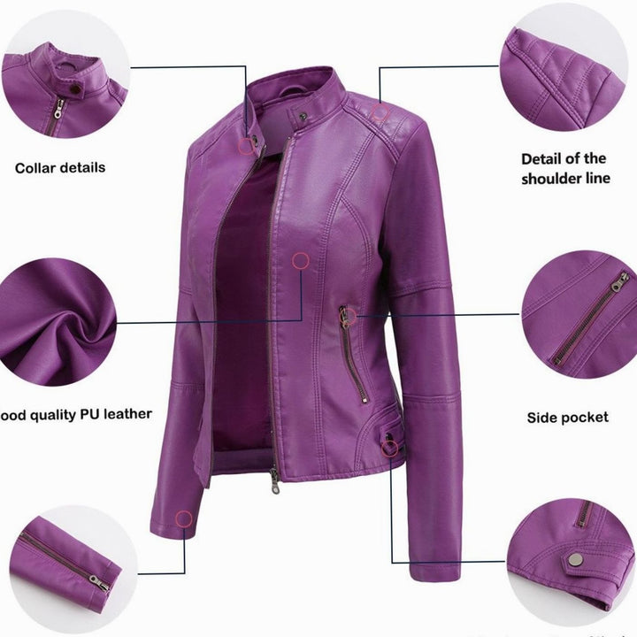 Women's Faux Leather Stand-Collar Zip-Up Biker Jacket