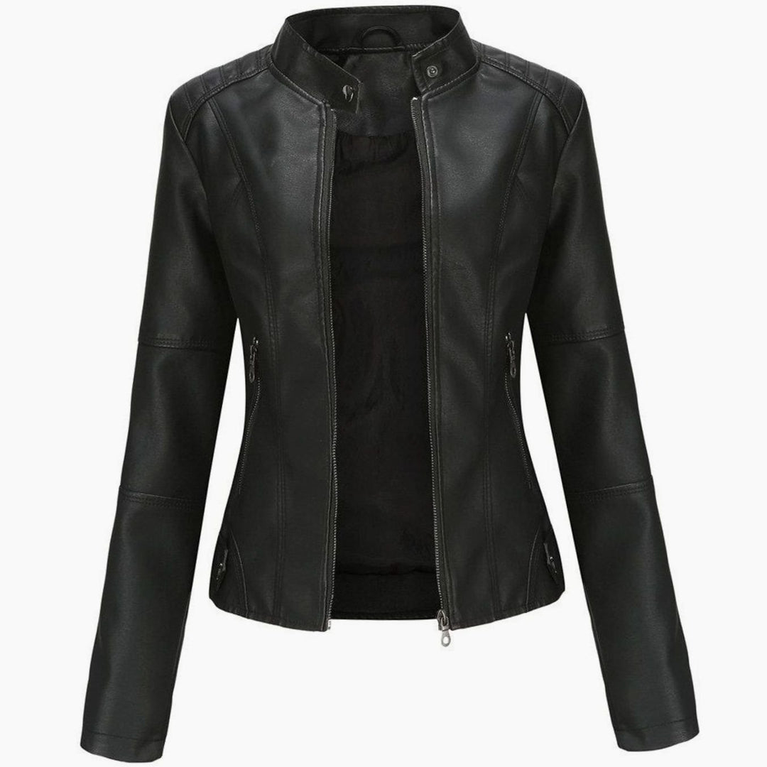 Women's Faux Leather Stand-Collar Zip-Up Biker Jacket - Black