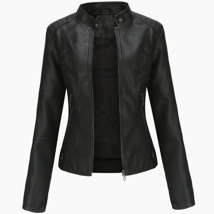 Women's Faux Leather Stand-Collar Zip-Up Biker Jacket - Black