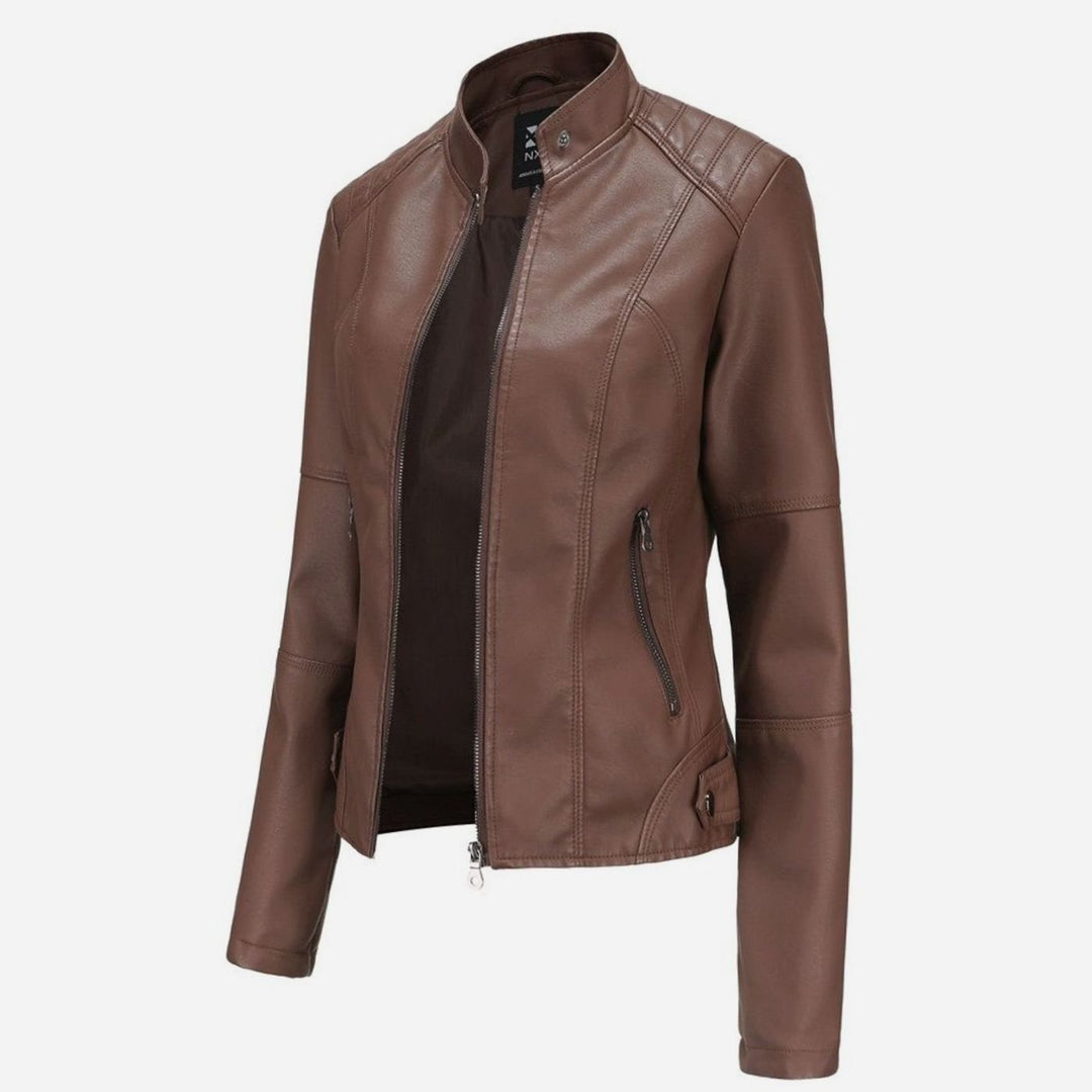 Women's Faux Leather Stand-Collar Zip-Up Biker Jacket - Coffee