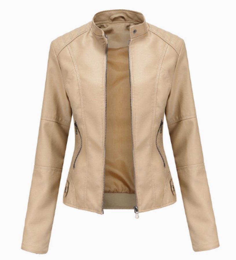 Women's Faux Leather Stand-Collar Zip-Up Biker Jacket - Apricot