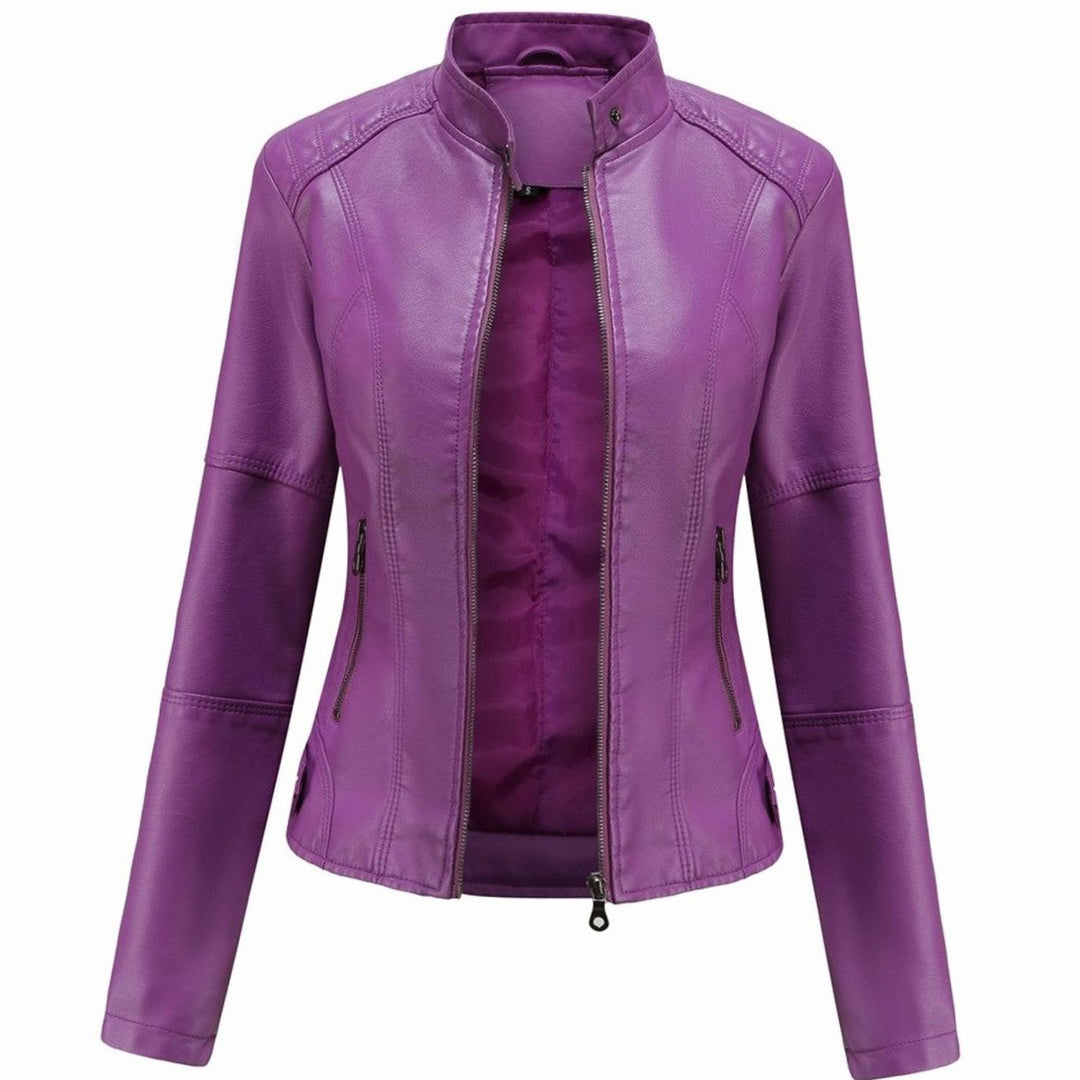 Women's Faux Leather Stand-Collar Zip-Up Biker Jacket - Purple