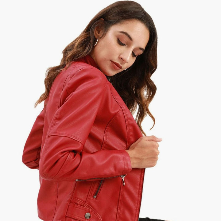 Women's Faux Leather Stand-Collar Zip-Up Biker Jacket - Burgundy