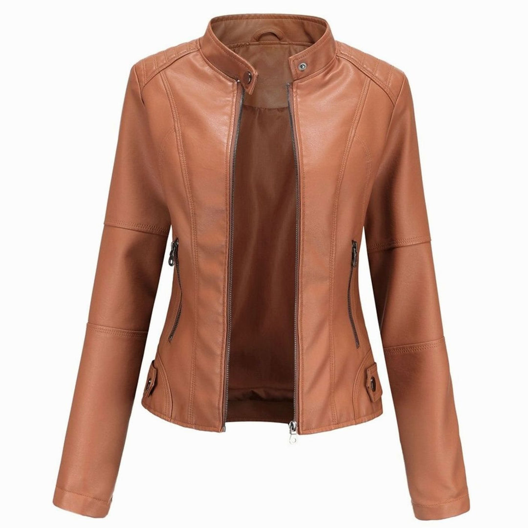 Women's Faux Leather Stand-Collar Zip-Up Biker Jacket