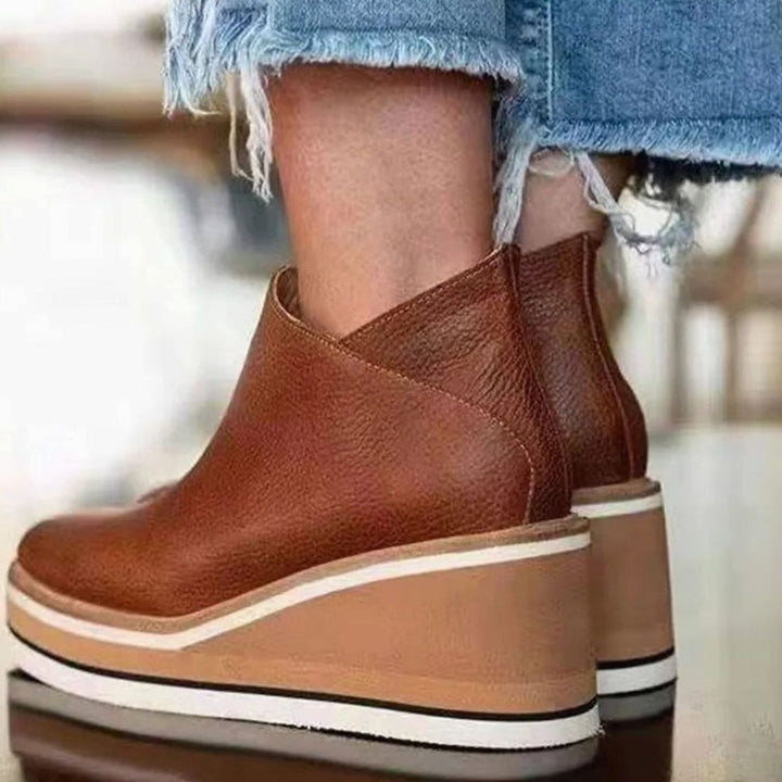 Women's Faux Leather Wedge Platform Ankle Boots Side Zip