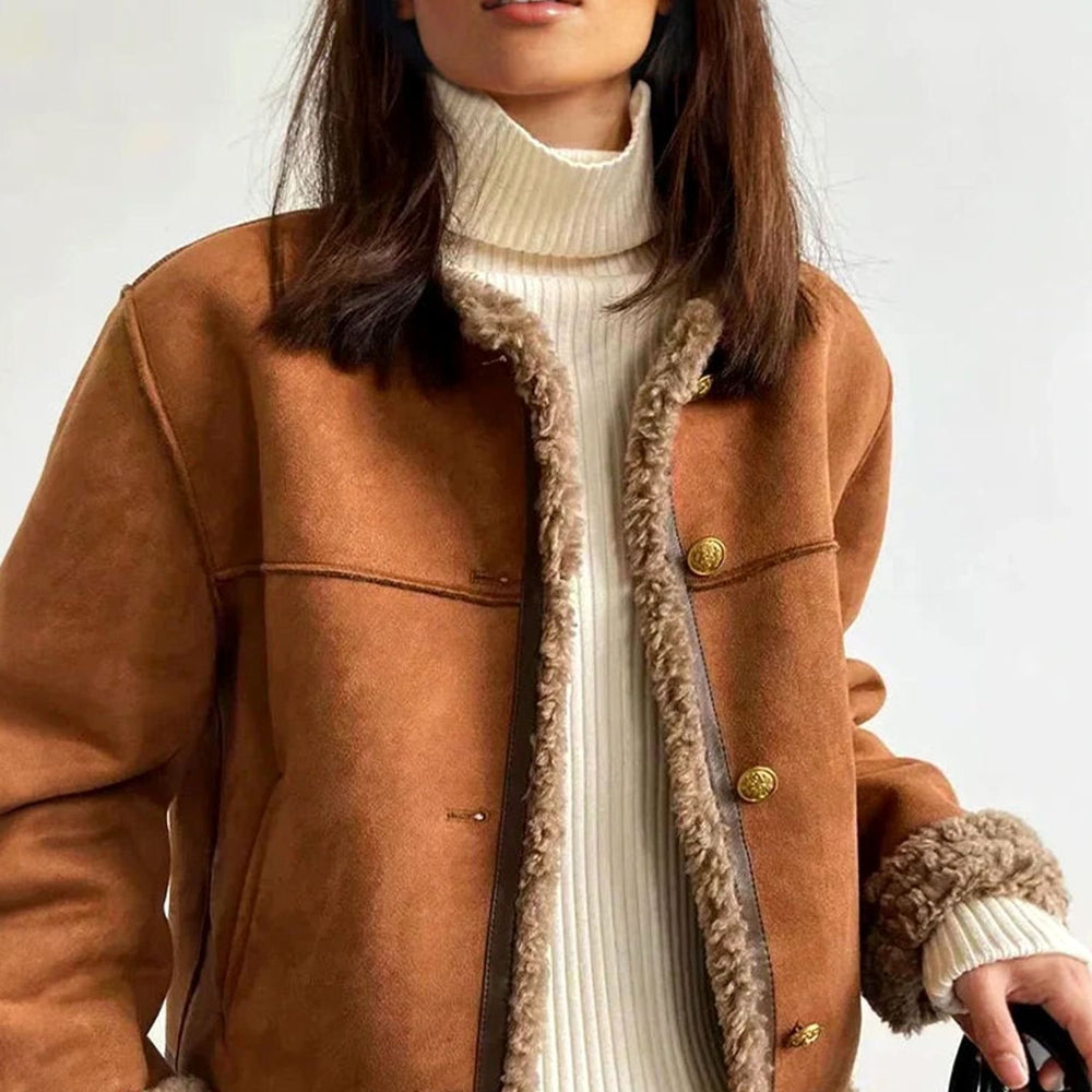 Women's Faux Shearling Button-Front Cropped Winter Coat