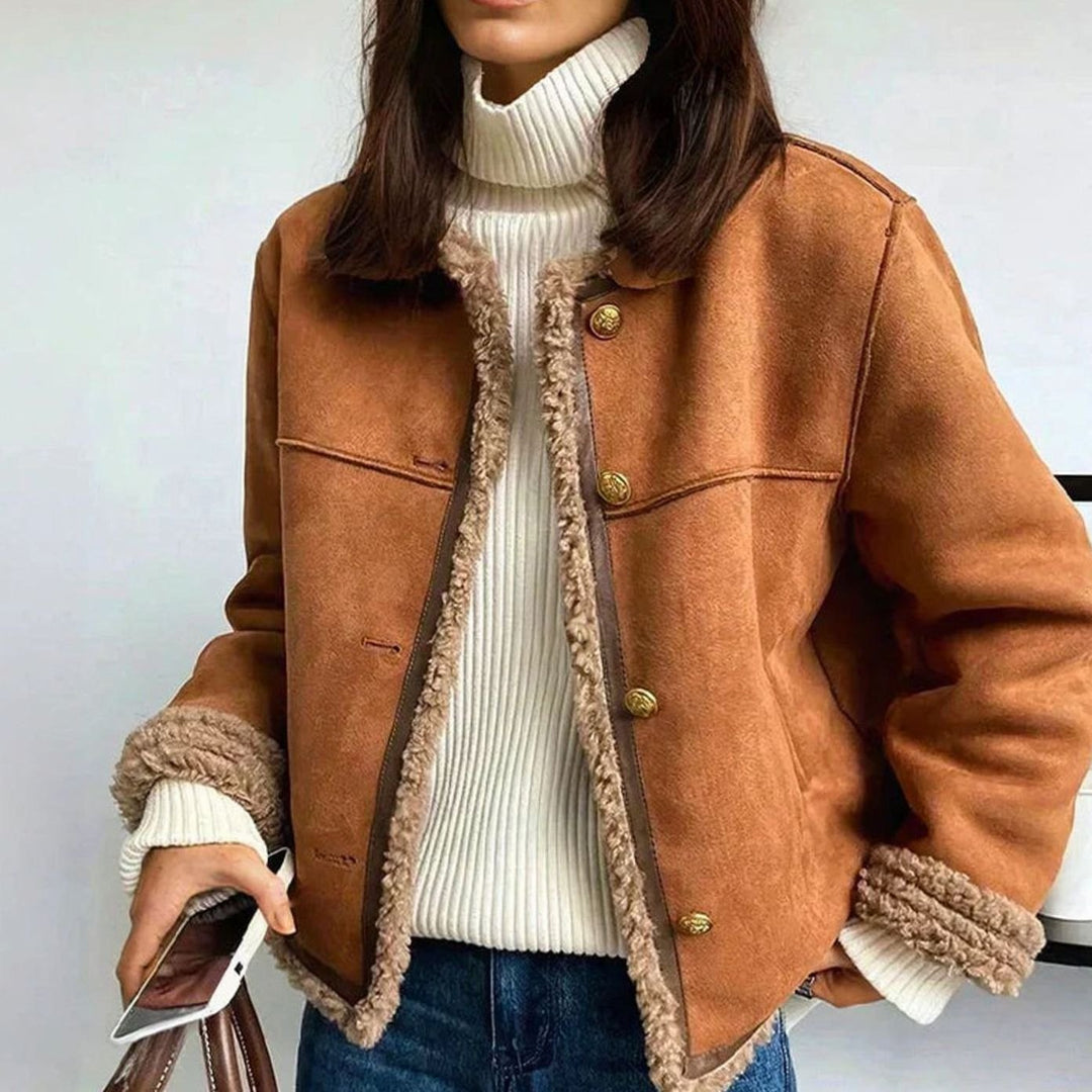Women's Faux Shearling Button-Front Cropped Winter Jacket