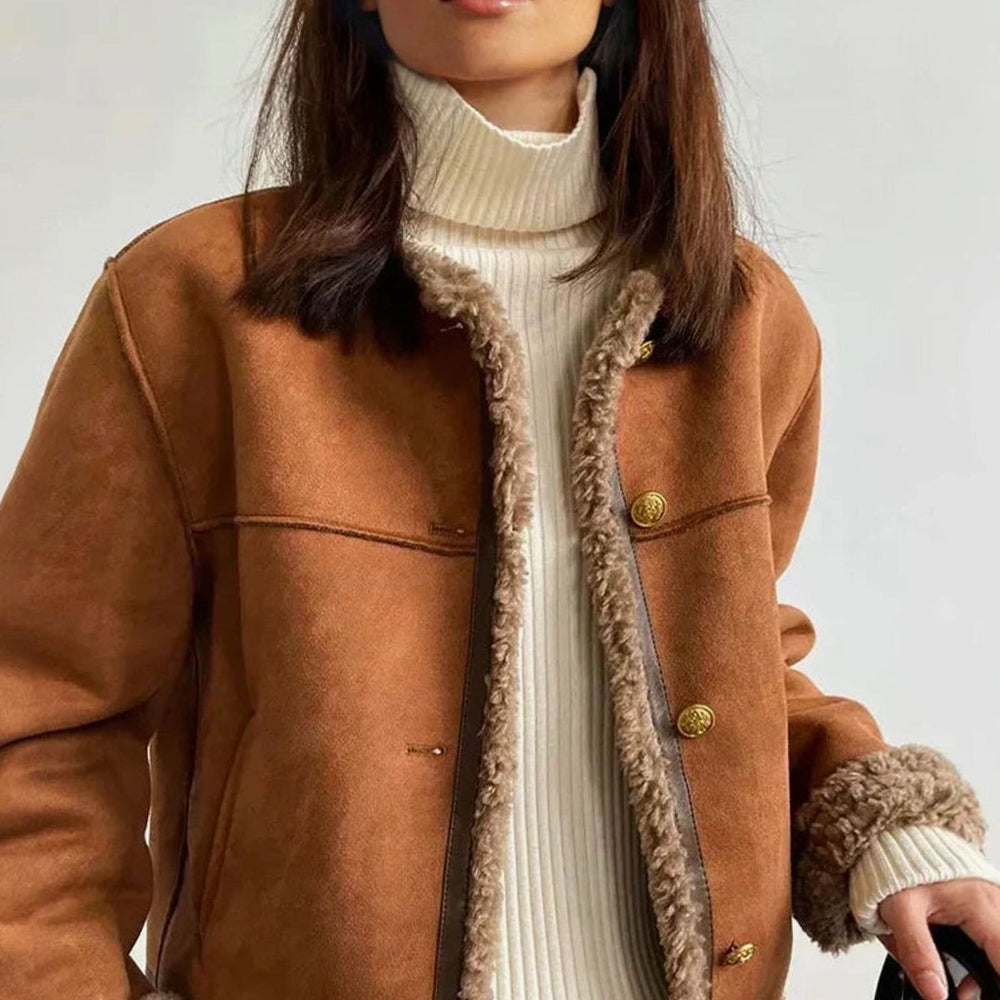 Women's Faux Shearling Button-Front Cropped Winter Jacket