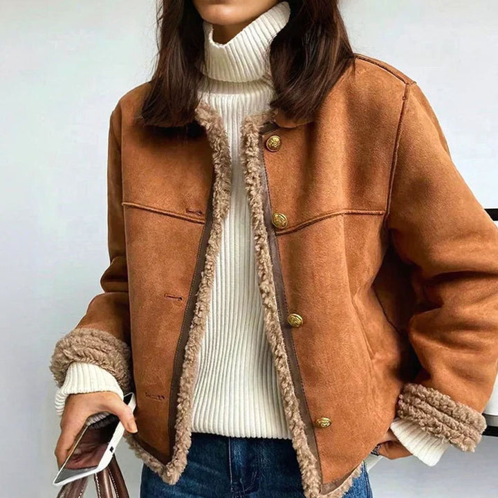 Women's Faux Shearling Button-Front Cropped Winter Jacket