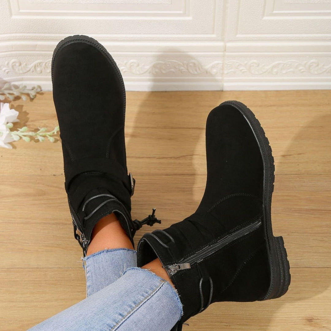 Women's Faux Suede Buckle Strap Flat Ankle Boots