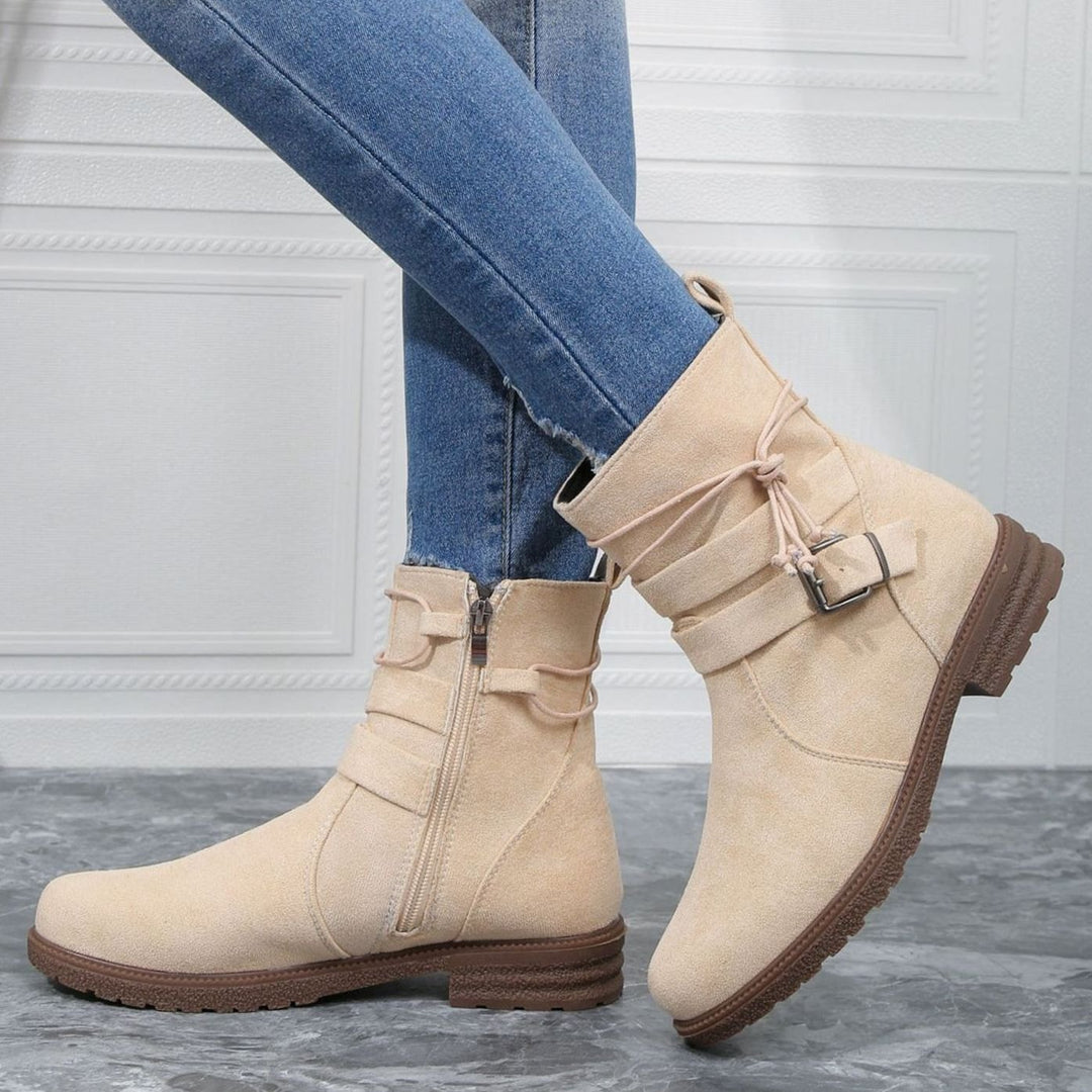Women's Faux Suede Buckle Strap Flat Ankle Boots
