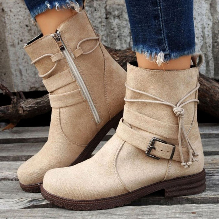 Women's Faux Suede Buckle Strap Flat Ankle Boots - Beige