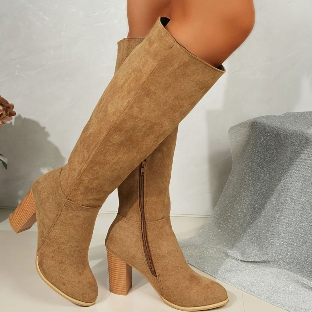 Women's Faux Suede Knee-High Block Heel Side-Zip Boots - Tan