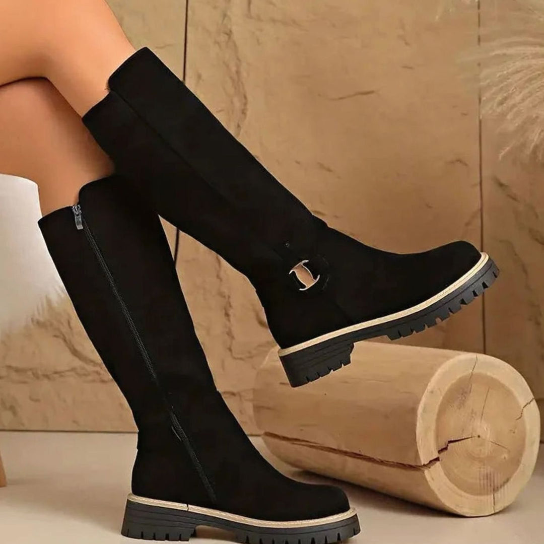 Women's Faux-Suede Knee-High Boots Buckle Detail Chunky Sole - Black
