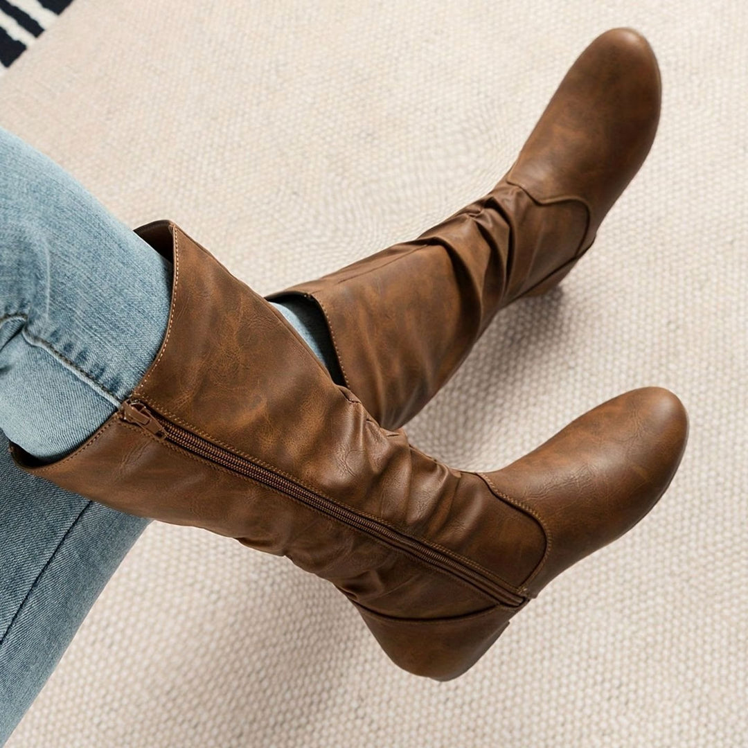 Women's Flat Knee-High Slouch Boots Side Zip Round Toe