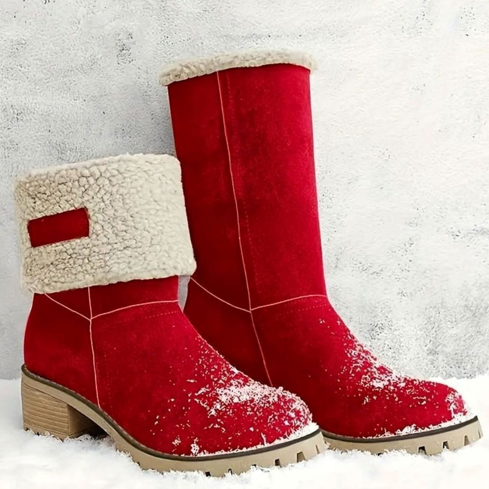 Women's Fleece-Lined Block Heel Slip-On Mid-Calf Winter Boots