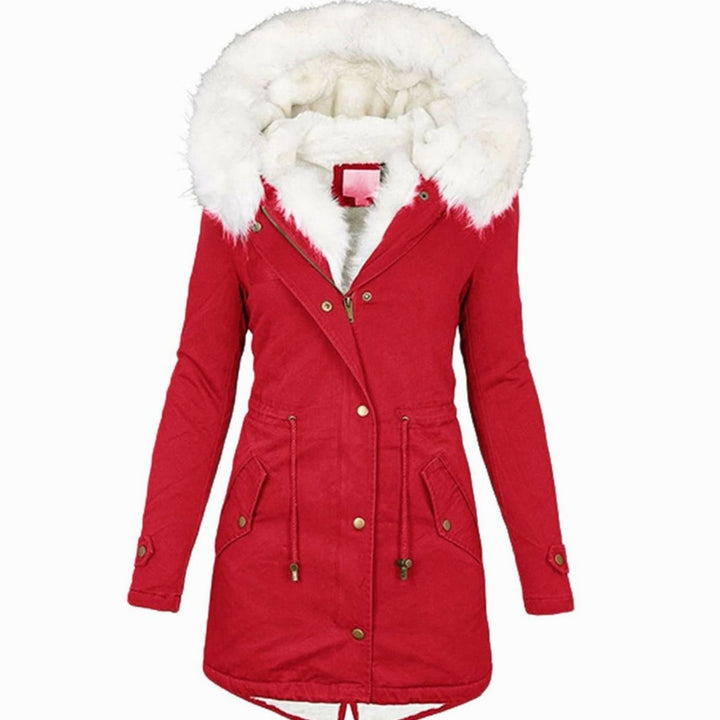 Women's Fleece-Lined Hooded Drawstring Parka Winter Coat - Red