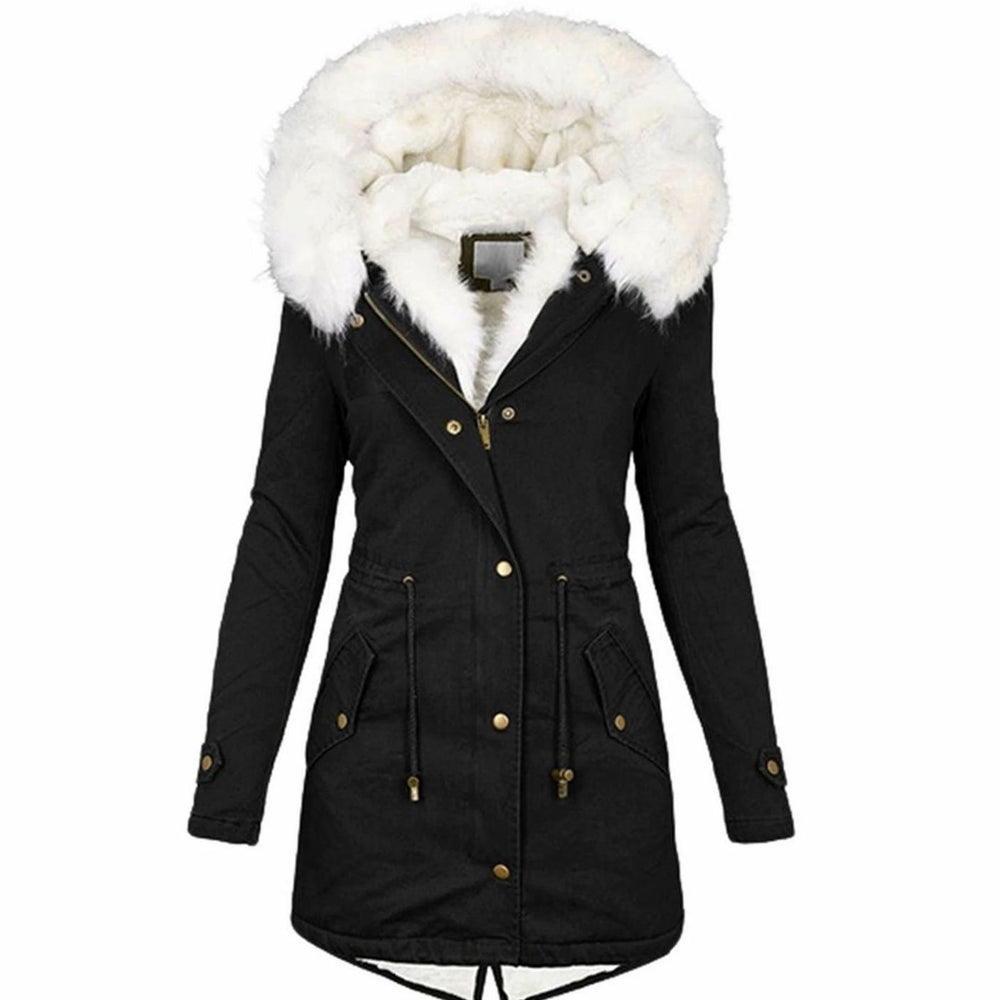 Women's Fleece-Lined Hooded Drawstring Parka Winter Coat - Black