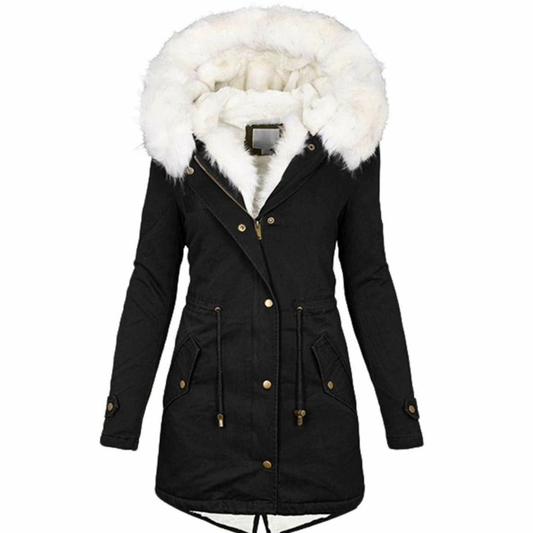 Women's Fleece-Lined Hooded Drawstring Parka Winter Coat - Black