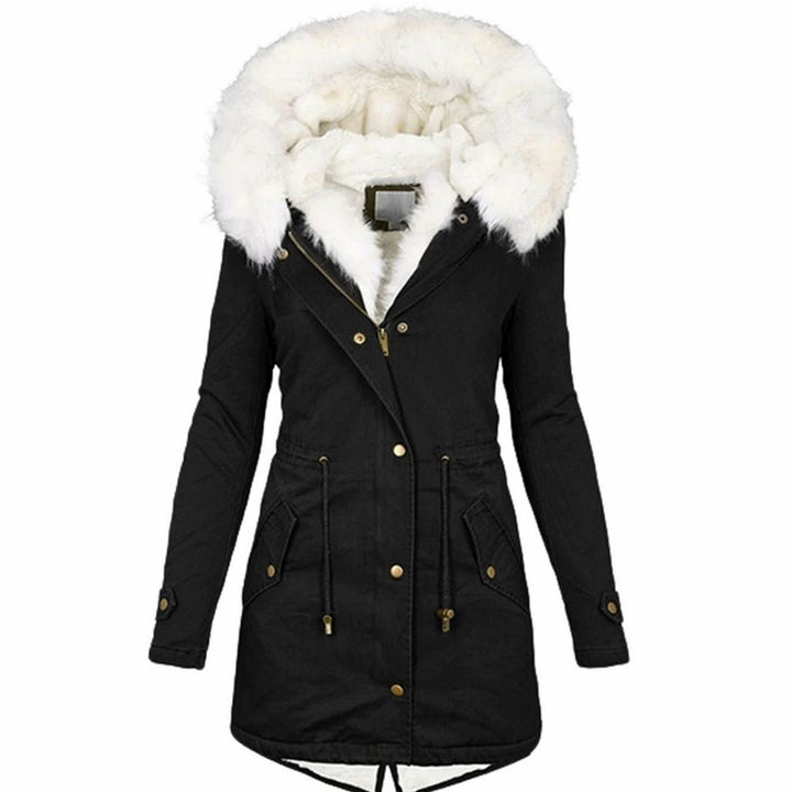 Women's Fleece-Lined Hooded Drawstring Parka Winter Coat - Black