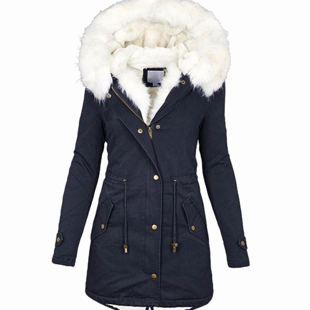 Women's Fleece-Lined Hooded Drawstring Parka Winter Coat - Navy Blue