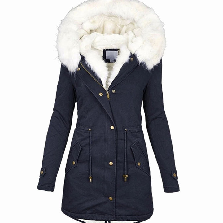Women's Fleece-Lined Hooded Drawstring Parka Winter Coat - Navy Blue