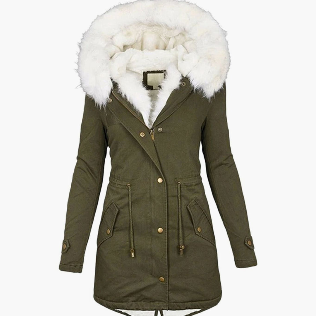 Women's Fleece-Lined Hooded Drawstring Parka Winter Coat - Green