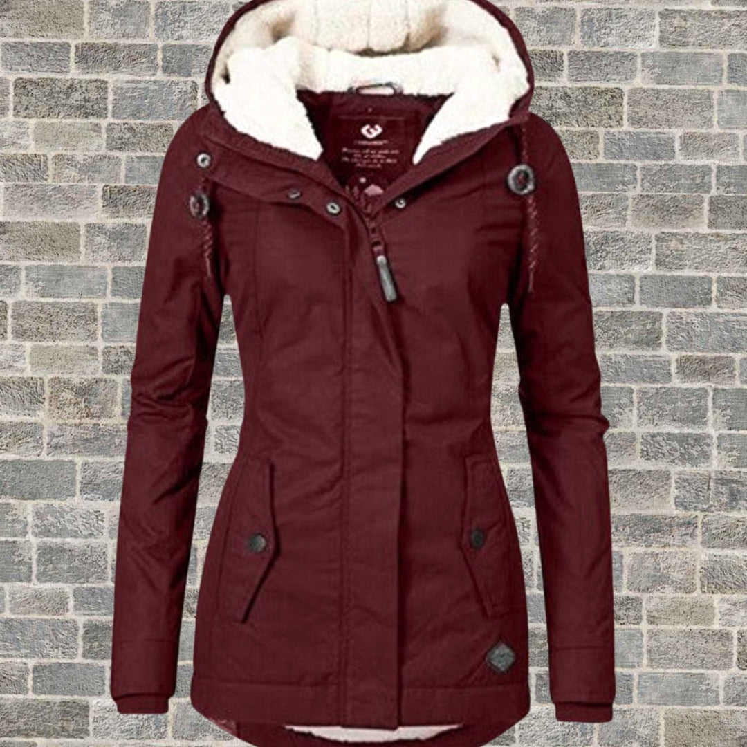 Women's Fleece-Lined Hooded Winter Parka Coat - Burgundy