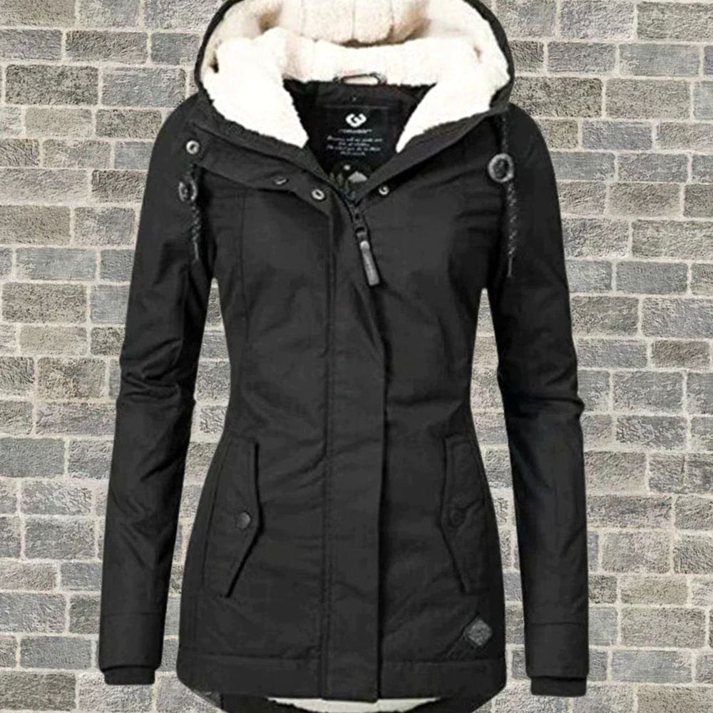 Women's Fleece-Lined Hooded Winter Parka Coat, Grey - Black