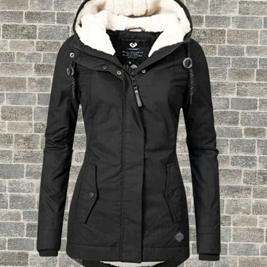 Women's Fleece-Lined Hooded Winter Parka Coat, Grey - Black