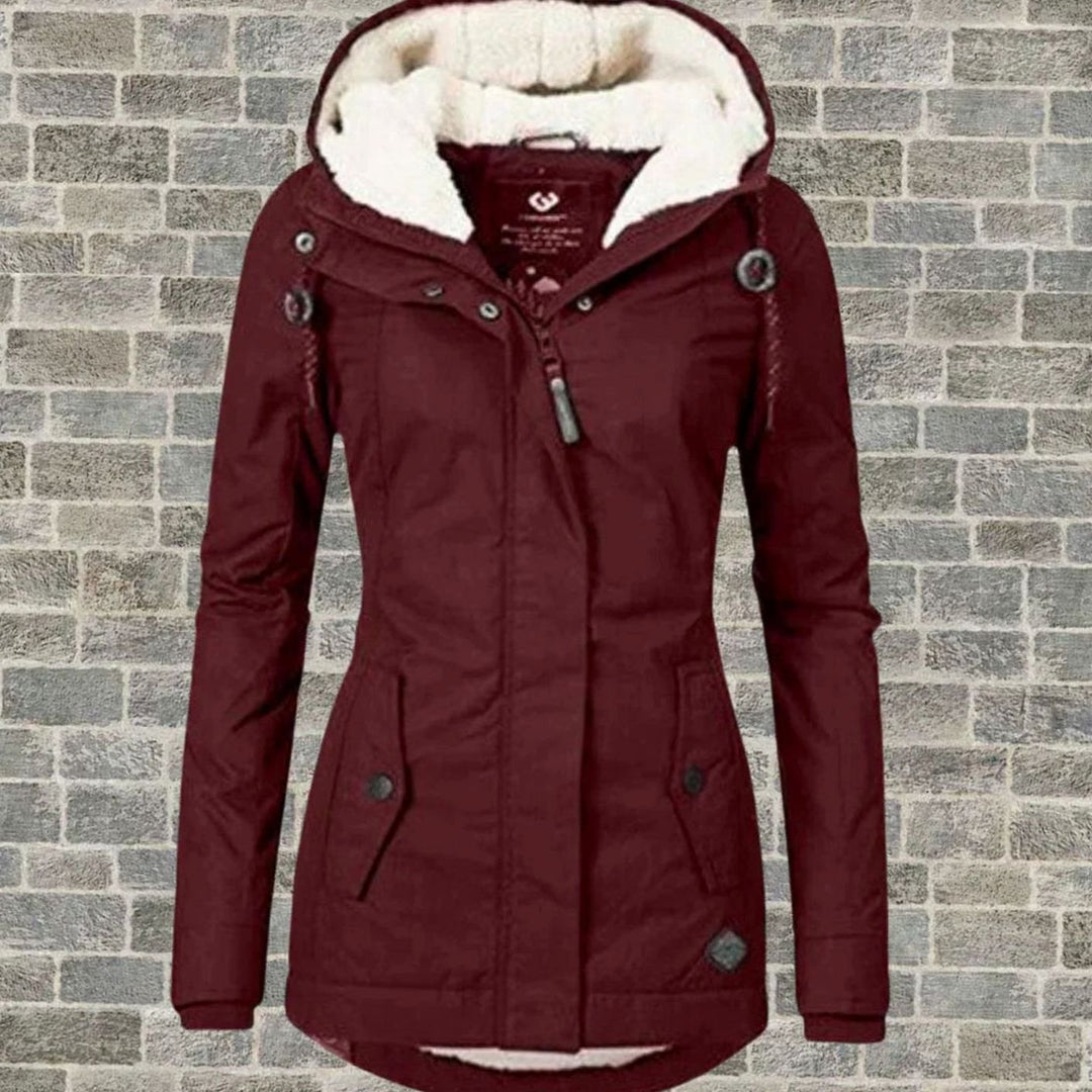 Women's Fleece-Lined Hooded Winter Parka Coat, Grey - Burgundy