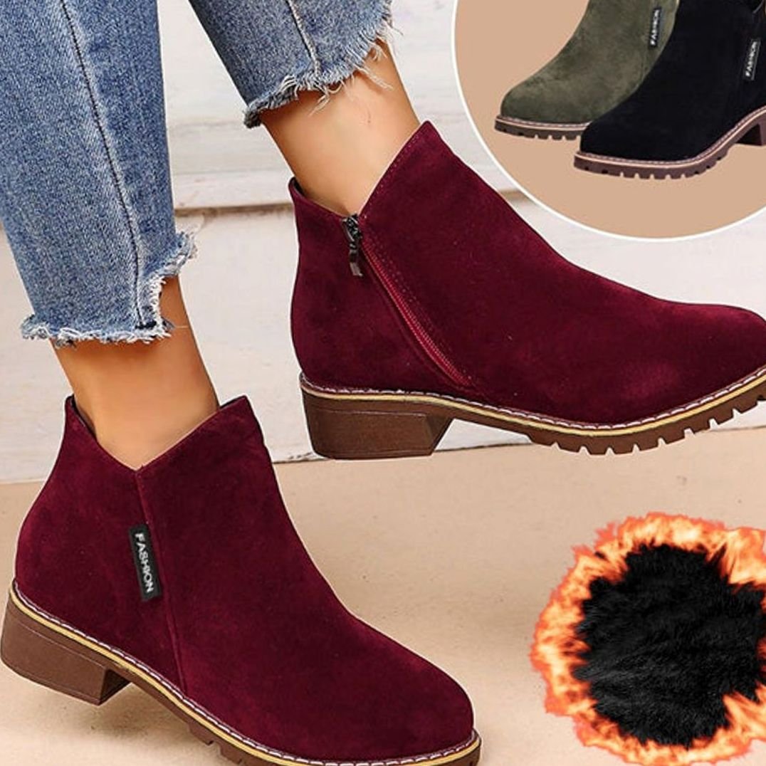 Women's Fleece-Lined Low-Heel Side-Zip Ankle Boots - Red