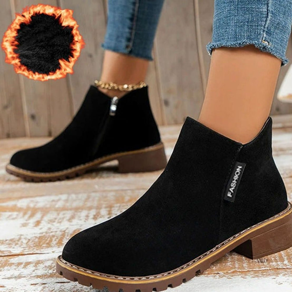 Women's Fleece-Lined Low-Heel Side-Zip Ankle Boots - Black