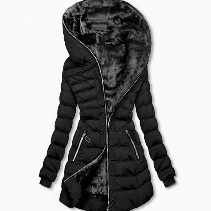 Women's Fleece-Lined Quilted Zip-Up Long Winter Jacket - Black