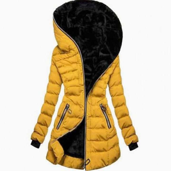 Women's Fleece-Lined Quilted Zip-Up Long Winter Jacket - Yellow