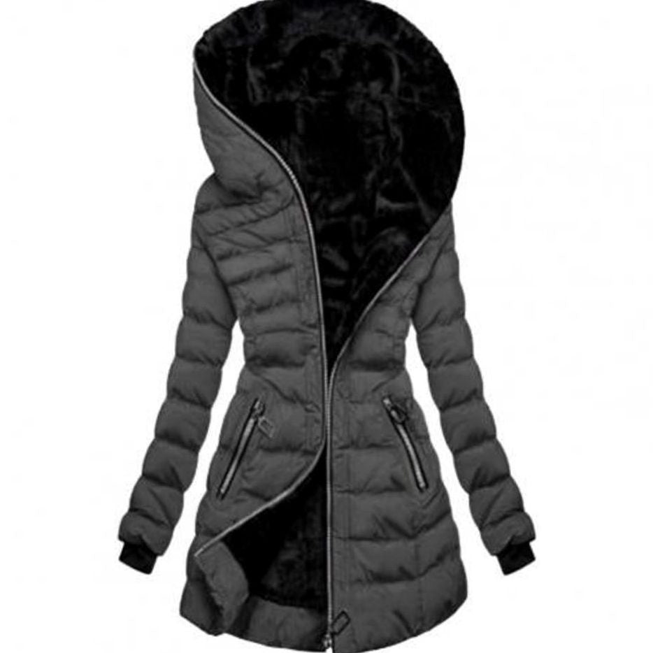 Women's Fleece-Lined Quilted Zip-Up Long Winter Jacket - Grey