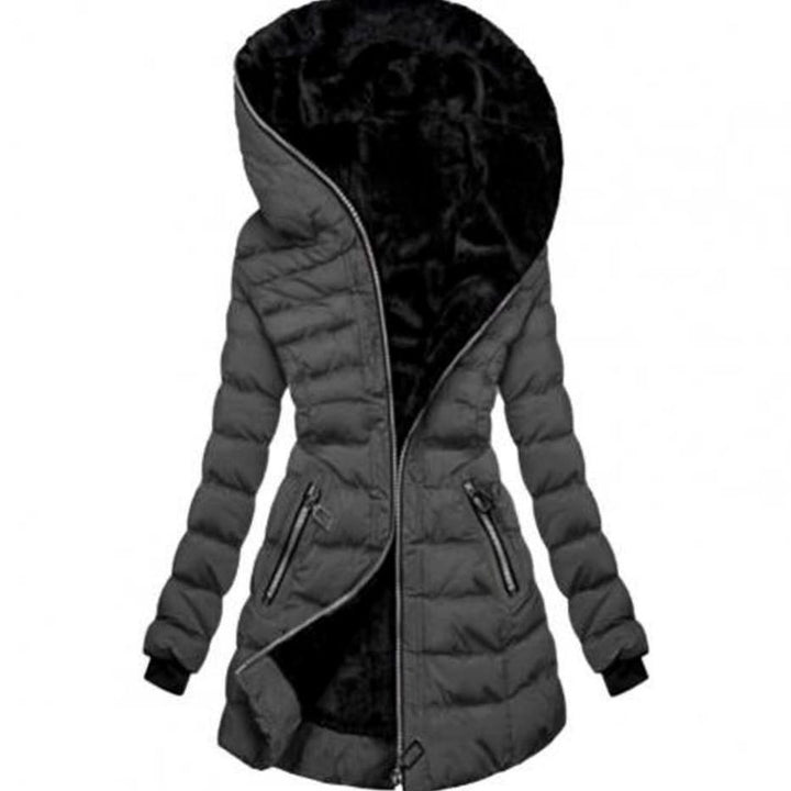 Women's Fleece-Lined Quilted Zip-Up Long Winter Jacket - Grey