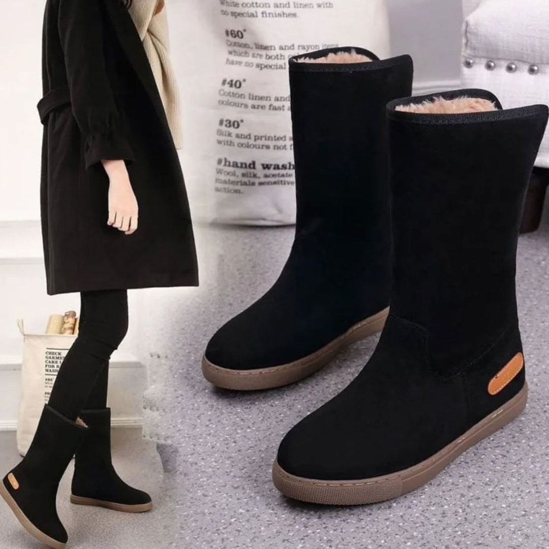 Women's Fleece-Lined Slip-On Mid-Calf Winter Snow Boots - Black