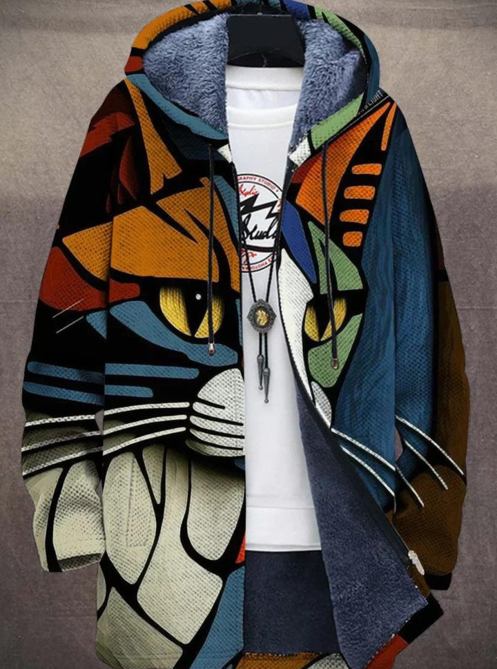 Women's Fleece-Lined Zip-Up Hooded Art Print Jacket - Multicolour Cat