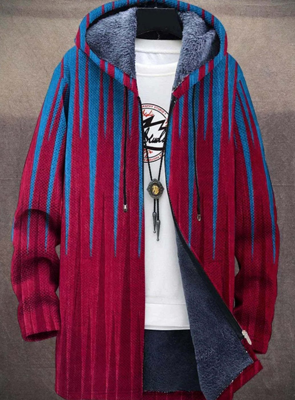 Women's Fleece-Lined Zip-Up Hooded Art Print Jacket - Red and Blue