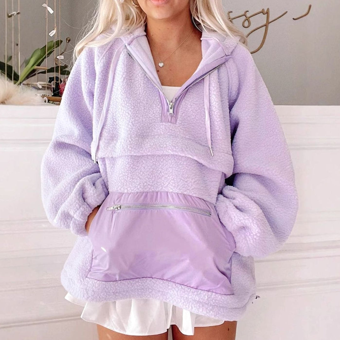 Women's Fleece Quarter-Zip Hooded Pullover with Zip Pocket