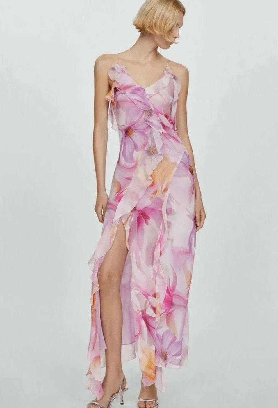 Women's Floral Chiffon Asymmetric Ruffle Midi Dress Thin Straps